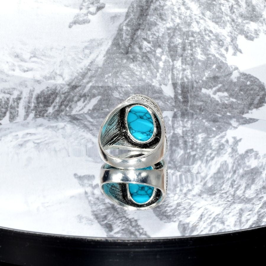 Amore Abound Size 10 Mens Oval Blue Turquoise Etched Silver Ring Gift Boxed