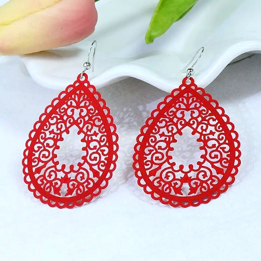 Ophelia Sweets Red Filigree Teardrop Water Drop Dangle Earrings Gift Packaged