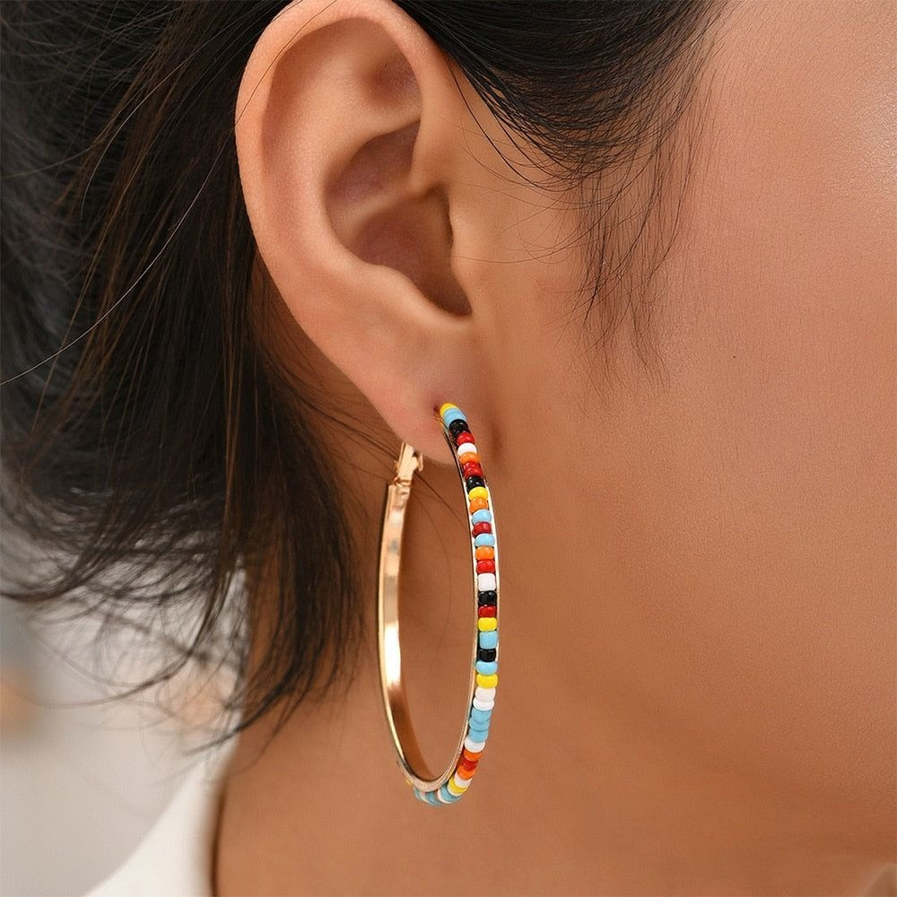 Abby Laurel Large Beaded Hoop Earrings Multicolored Gold Gift Packaged