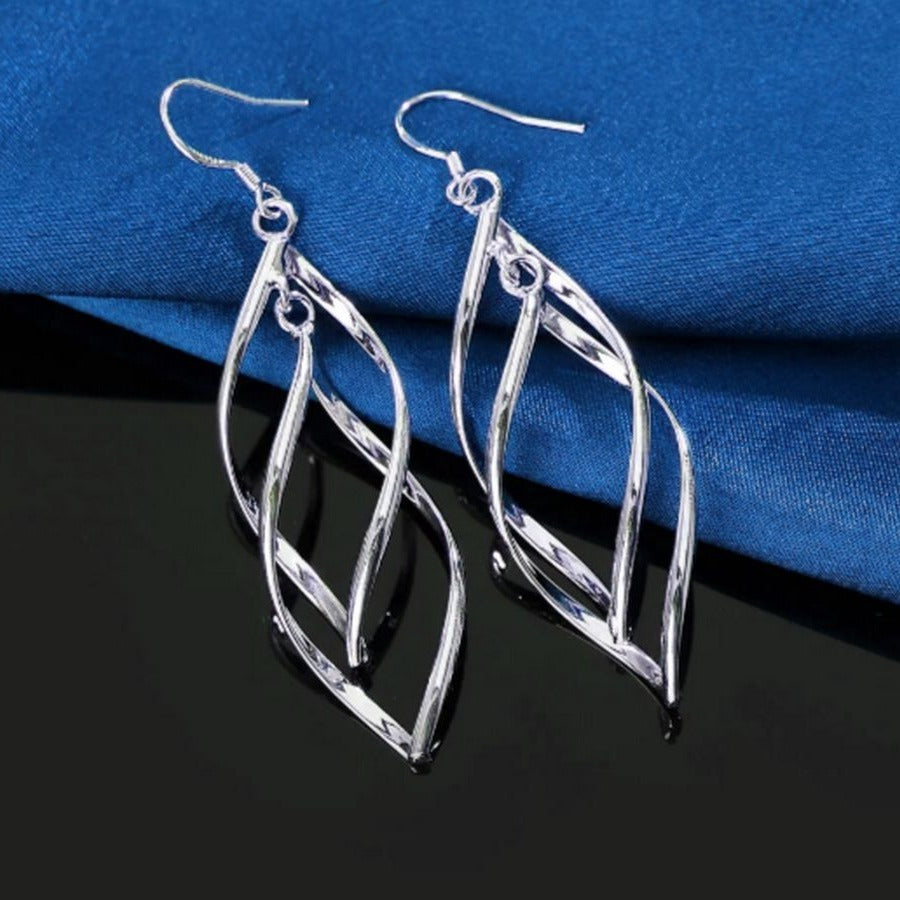 Amira Lilly Rhombus Swirled Double Layer Dangle Silver Earrings Gift Packaged