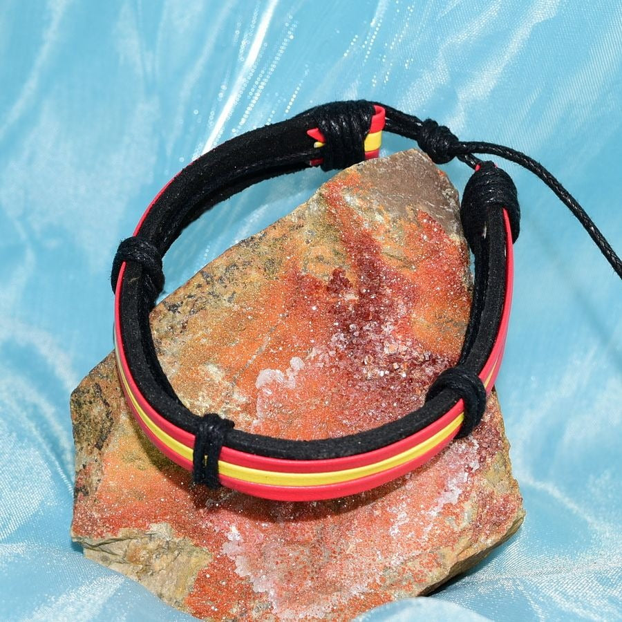 Roja Amarilla Mens Slide Tie Leather Bracelet Black Red Yellow Gift Packaged