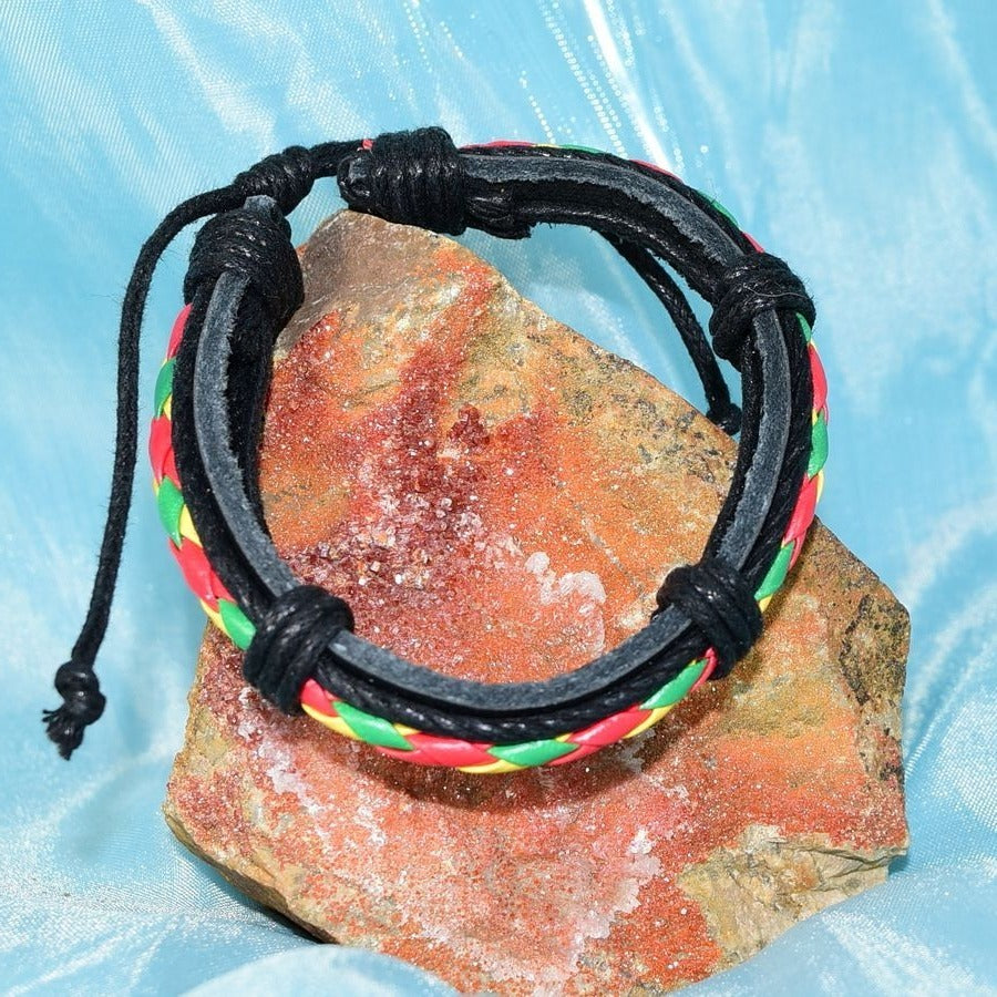 Michael Diego Mens Braid Layered Leather Bracelet Black Green Yellow Gift Packaged