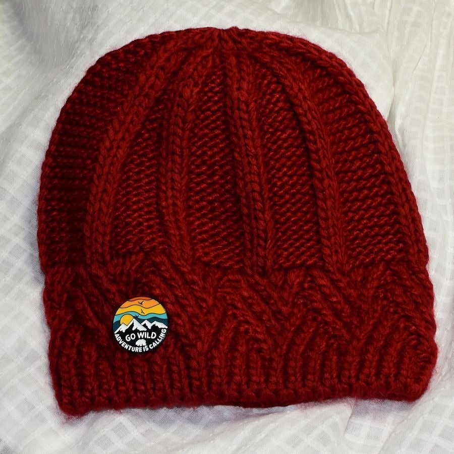 Whitney Wine Red Crochet Knit Beanie and Mountain Pin Set Gift Packaged