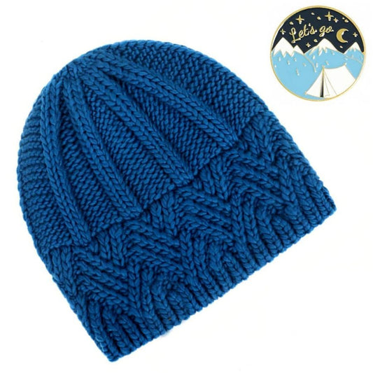 Whitney Blue Crochet Knit Beanie and Mountain Pin Set Gift Packaged