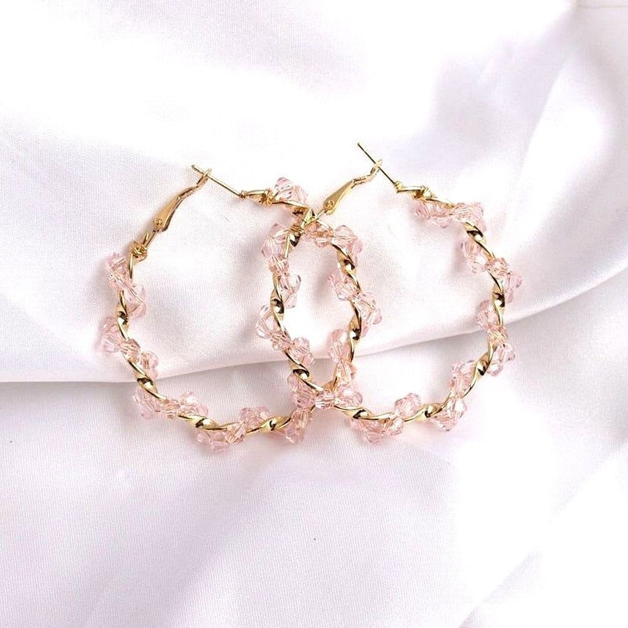 Anastasia Sweet Gold Twist Beaded Hoop Earrings Soft Pink Gift Packaged