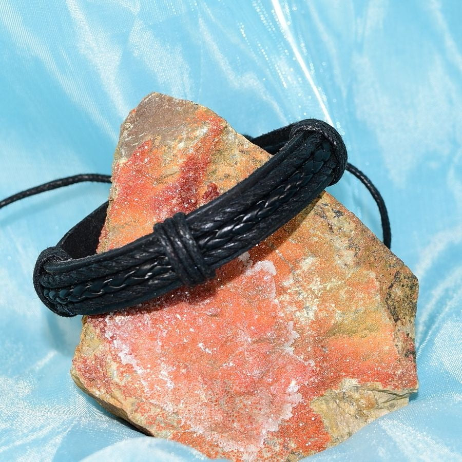 Michael Diego Mens Braid Layered Sliding Tie Leather Bracelet Black Gift Packaged