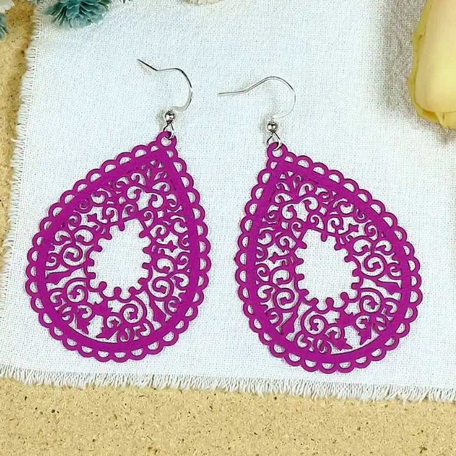 Ophelia Sweets Magenta Pink Filigree Teardrop Water Drop Earrings Gift Packaged