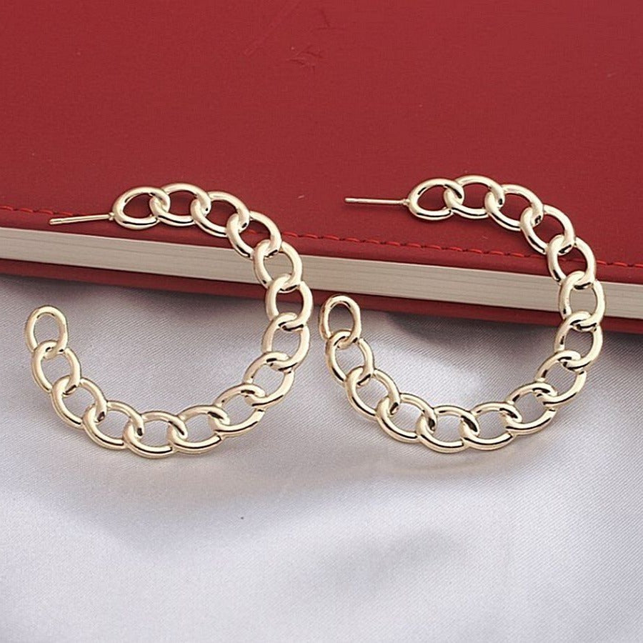 Alyssa Leanna Gold Stationary Link Design Hoop Post Earrings Gift Packaged