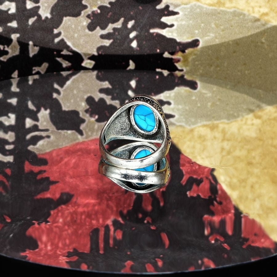 Seine Floral Mens Size 8.5 Oval Blue Turquoise Etched Silver Ring Gift Boxed