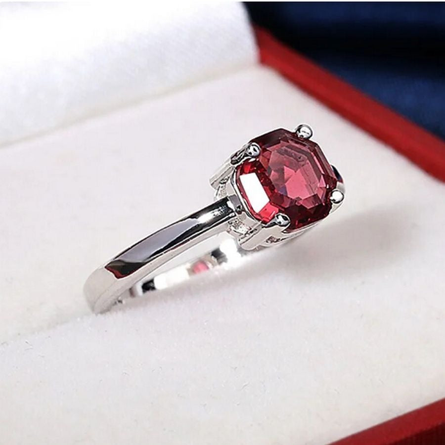 Cecilia Rose Womens Size 8 Red Octagon Crystal Silver Ring Gift Boxed