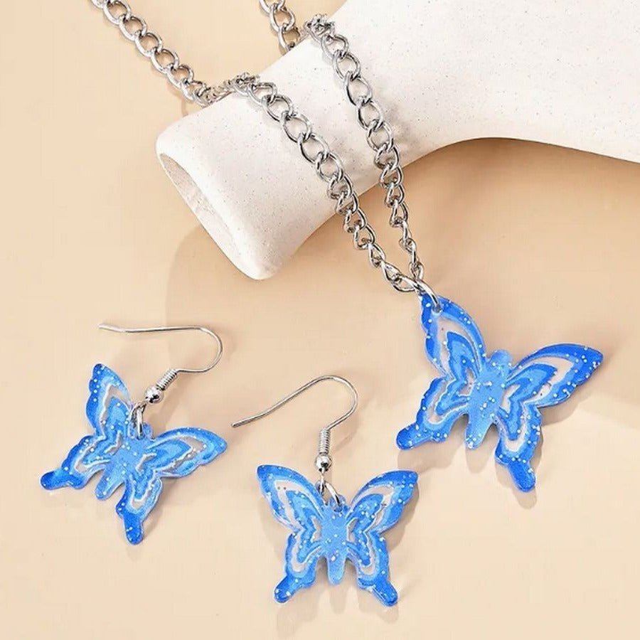 Briella Jesse Colorful Blue Butterfly Necklace and Earrings Set Gift Packaged