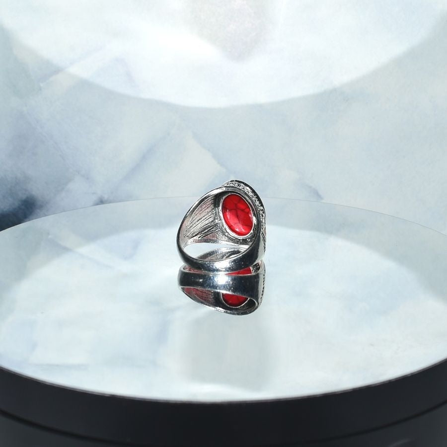 Amore Abound Mens Size 11 Oval Red Turquoise Etched Silver Ring Gift Boxed