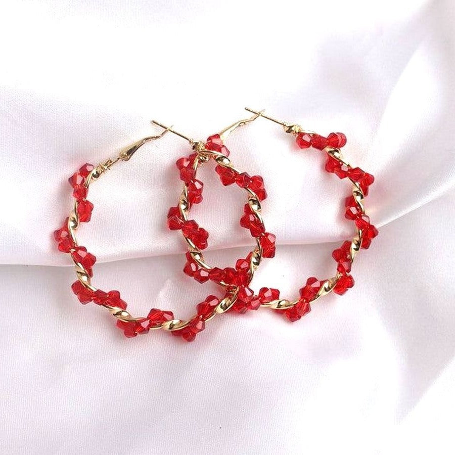 Anastasia Sweet Gold Twist Beaded Hoop Earrings Red Gift Packaged