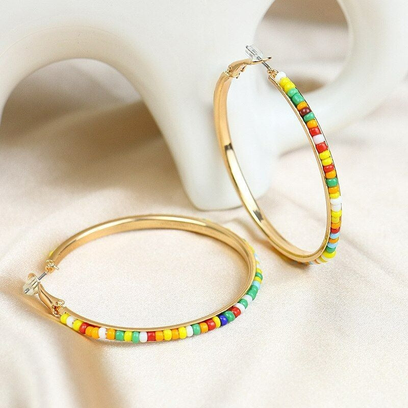 Abby Laurel Large Beaded Hoop Earrings Multicolored Gold Gift Packaged