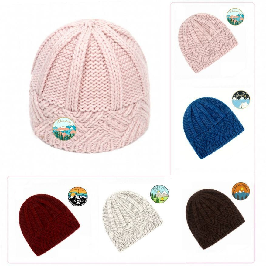 Whitney White Crochet Knit Beanie and Mountain Pin Set Gift Packaged