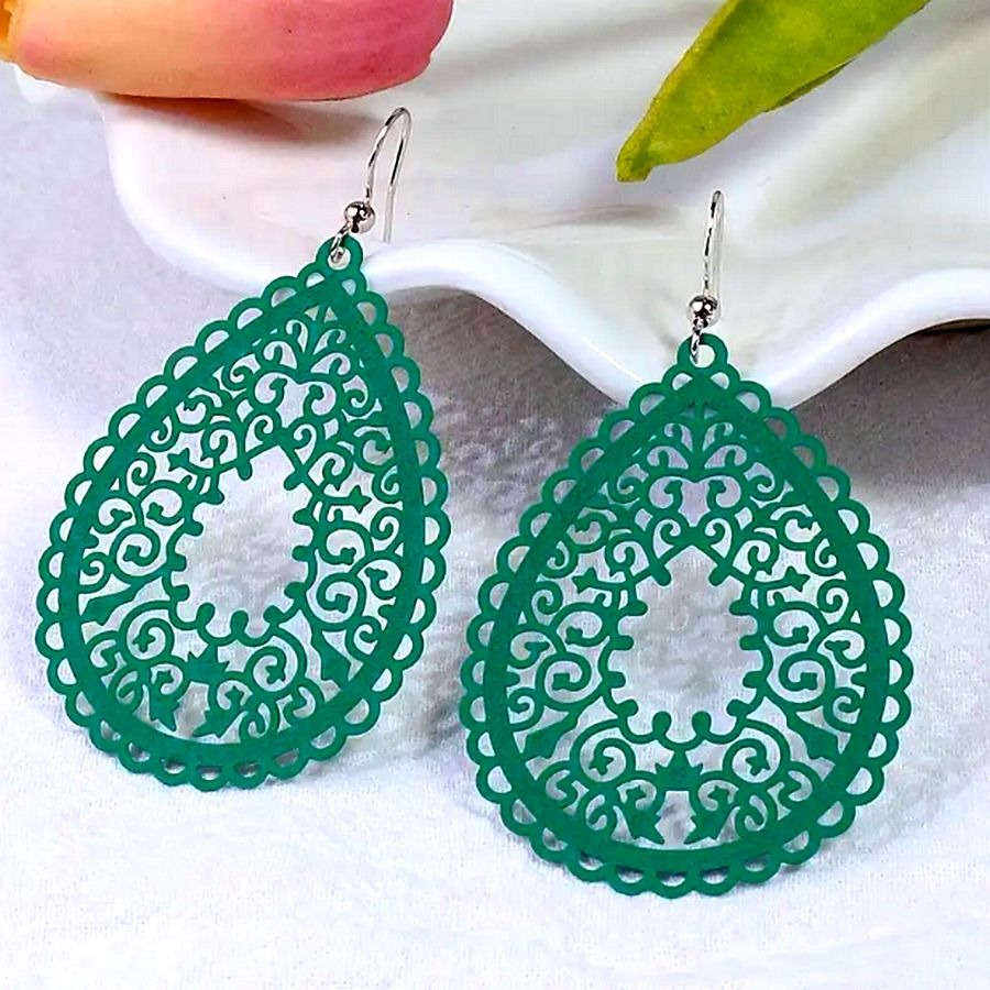 Ophelia Sweets Green Filigree Teardrop Water Drop Dangle Earrings Gift Packaged