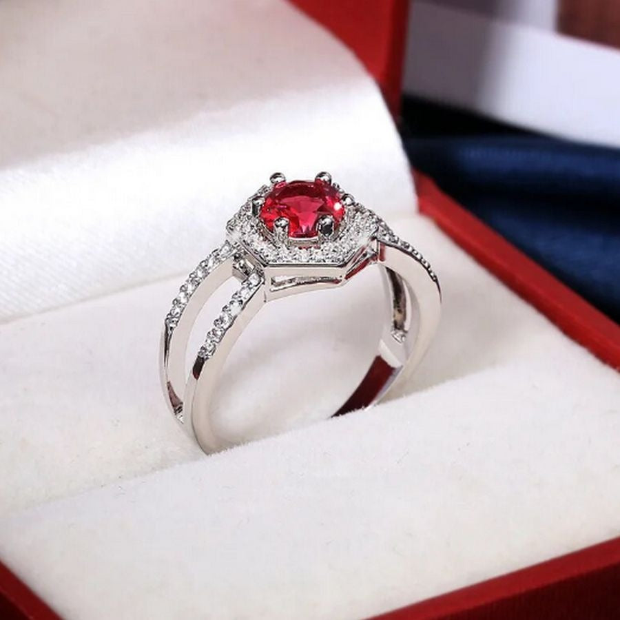 Kiara Grace Womens Size 6 Rosy Red Hexagon Framed Crystal Silver Ring Gift Boxed