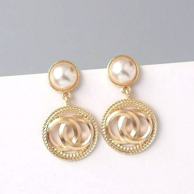 Adell Caspia Pearl Double Round Matt Finish Gold Tone Drop Earrings Gift Package