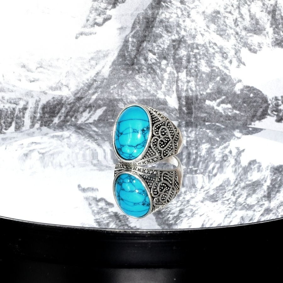 Amore Abound Size 10 Mens Oval Blue Turquoise Etched Silver Ring Gift Boxed