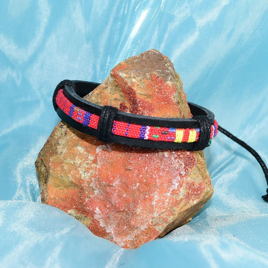 Azzia Tapestry Bohemian Sliding Tie Leather Bracelet Black Red Gift Packaged