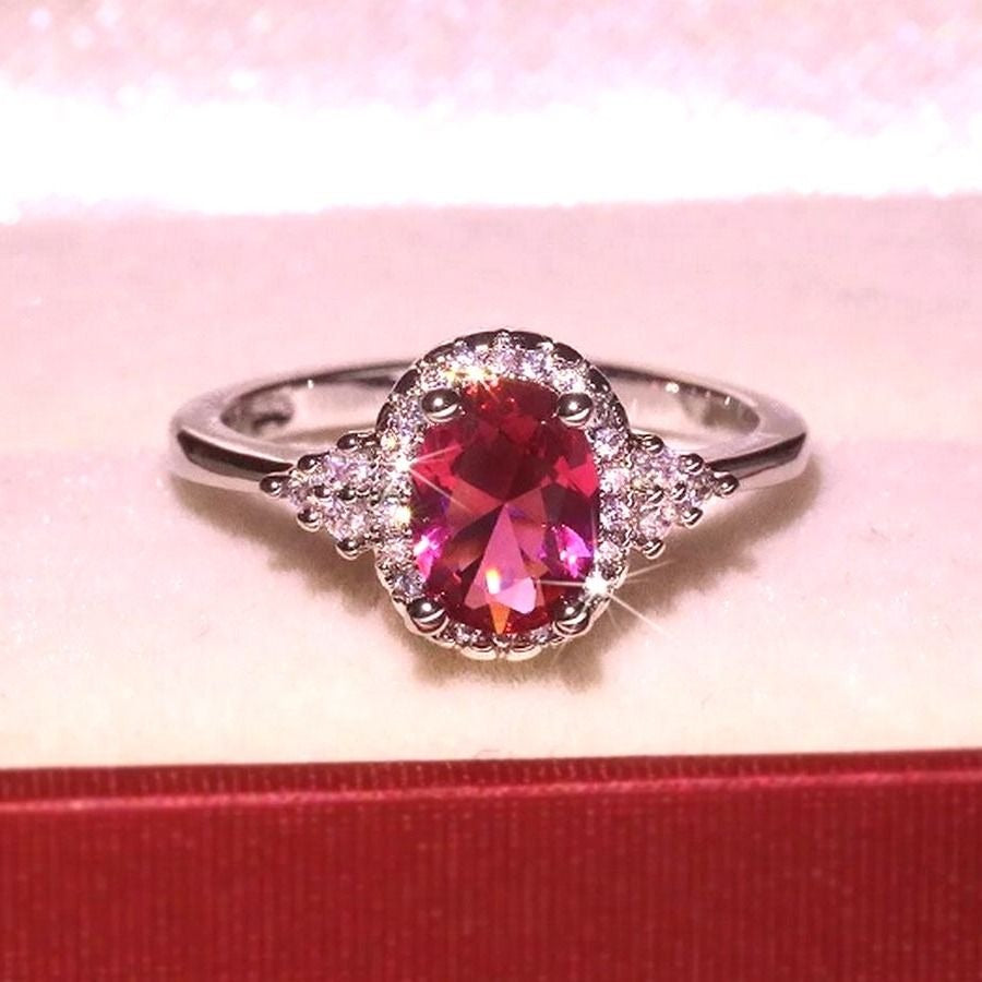 Valentinia Womens Size 6 Oval Faceted Pink Gemstone Silver Ring Gift Boxed